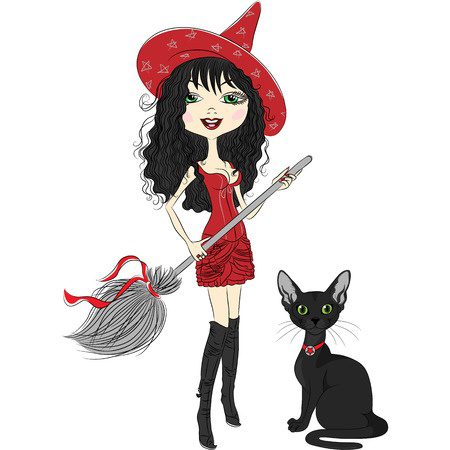 25123890 - vector cheerful beautiful girl witch in pointy red hat, red dress, black boots, with broom and black cat
